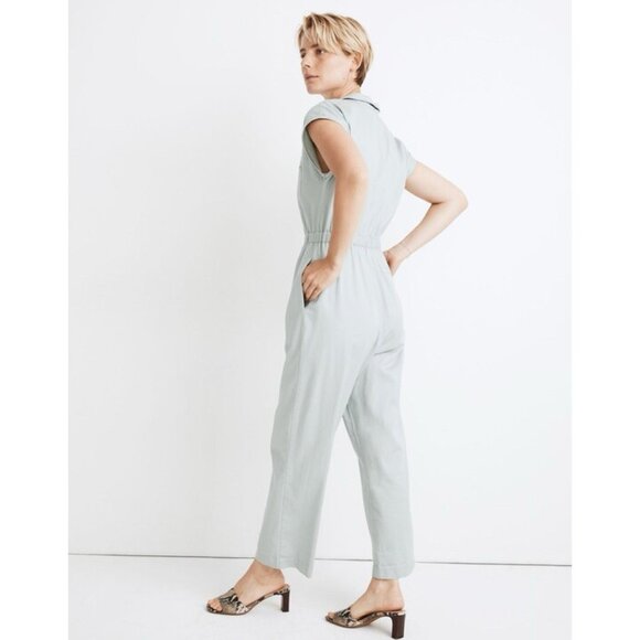 Madewell Sage Green Short Sleeve Zip Pocket Coverall Jumpsuit Petite Size 00P - Picture 2 of 7
